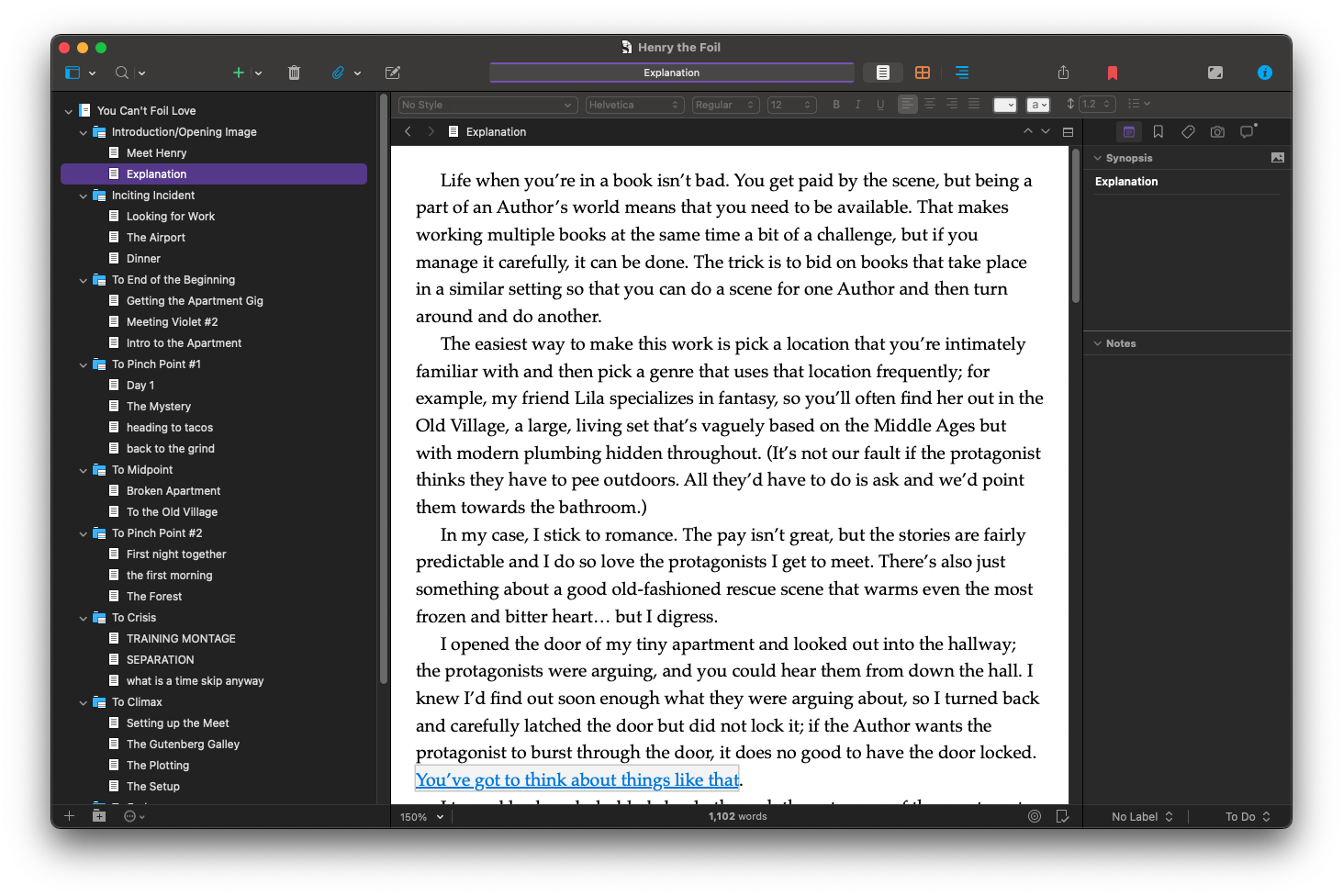 A screenshot of the main working screen of Scrivener, highlighting the navigation pane on the left, the writing area in the center, and the notes field on the right.